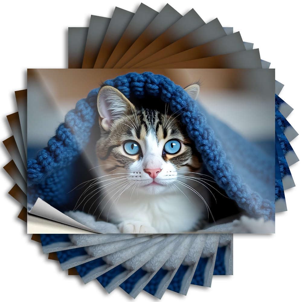 Home Entrance Decor Western Bathroom Funny Sticker - A Cat with Striking Blue Eyes is Cozy Under A Blue Knitted Blanket. Removable Decal Water Easy Peel for Coffee(12X18CM)