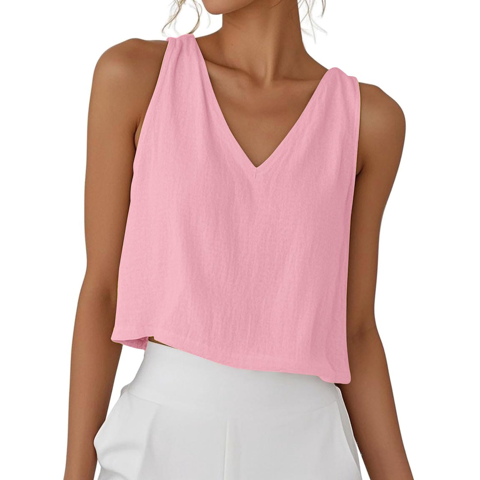 RLEHJN Tank Top Damen,Sommer Leinen V-Ausschnitt Tops Kurze Elegante Oberteile Ärmellose Shirts Baumwolle Einfarbige T-Shirts Basic Blusentop Musselin Tanktops Trägertop Trägershirt
