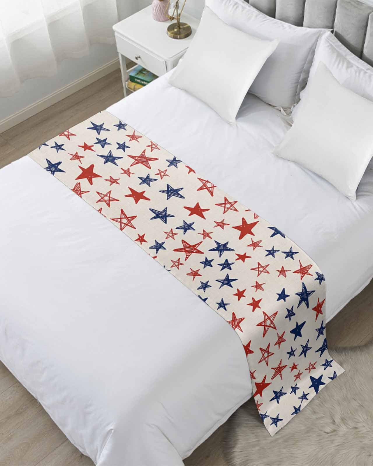 4th of July Bed Runner Patriotic Stars Bedding Scarves Soft Bed Flag Red White and Blue Vintage Bed Runners for Queen Size Bed Hotel Bedroom Independence Day Bed Throws for Foot of Bed 20x83