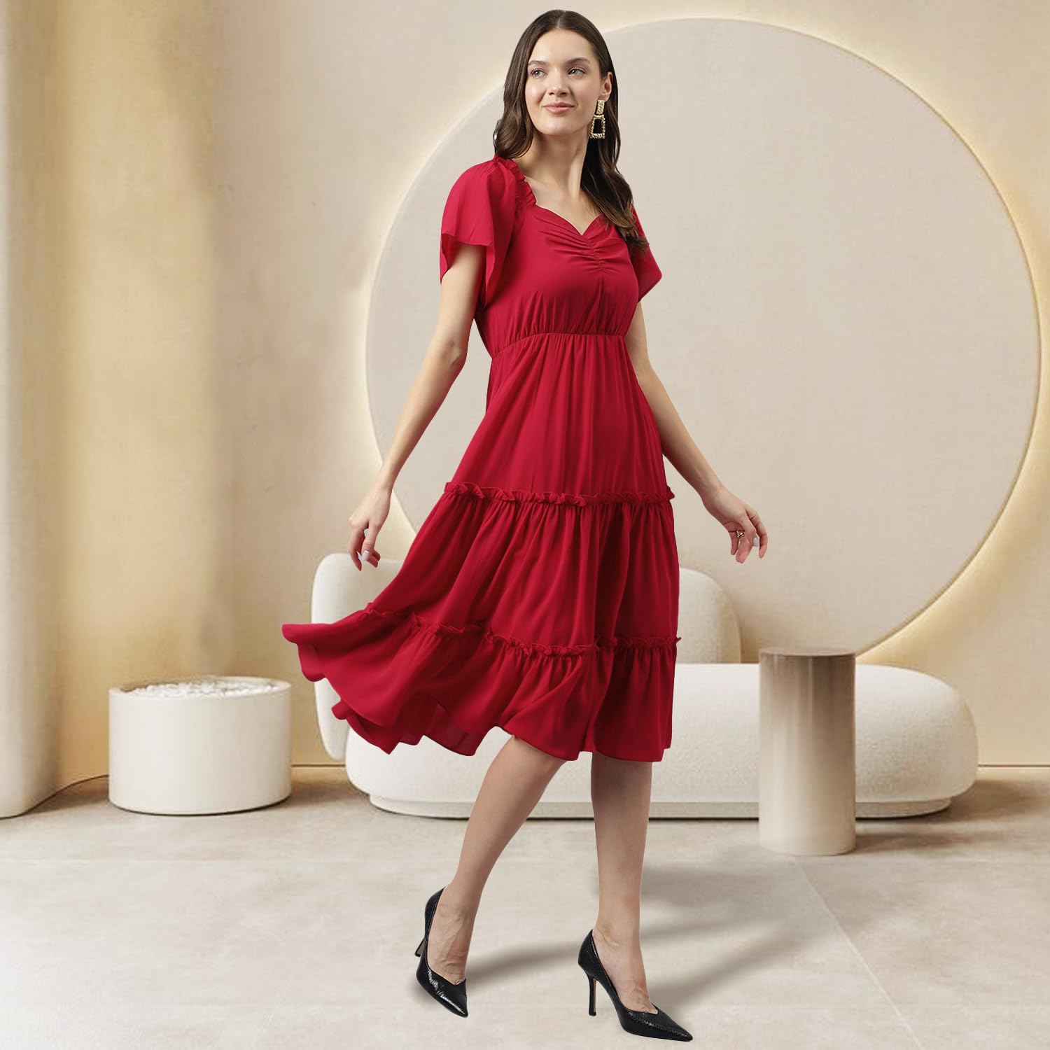 Toochki Women's Red Rayon Solid Tiered Western Dress | Dress For Women | A Line | Anarkali Dress | Gown Dress | Western Dress | Exclusive Women Dress | Bollywood Dress | Fashion (Small, Red)