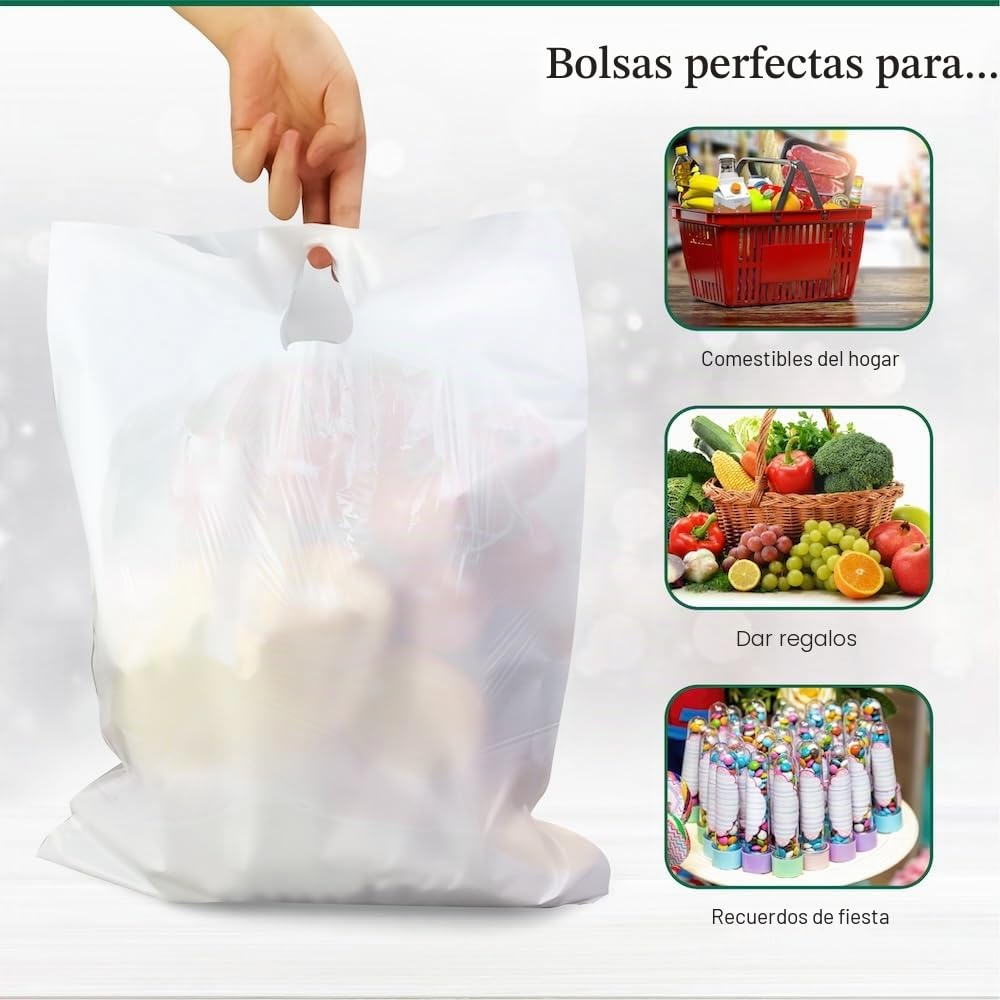 100 bolsas de transporte con asa de parche blanco | Bolsas de tamaño grande de 15 x 18 + 3 pulgadas para compras, comestibles, regalo, boutique, supermercado, dinero en efectivo y
