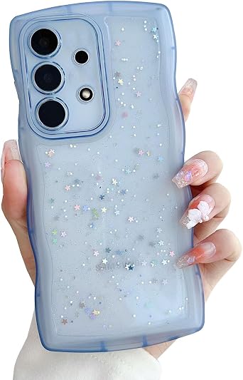 Compatible with Galaxy A32 5G Case for Women Girls Glitter Bling Camera Lens Protector Cute Curly Wave Frame Silicone Shockproof Protective Cover Phone Case for Samsung Galaxy A32 5GBlue