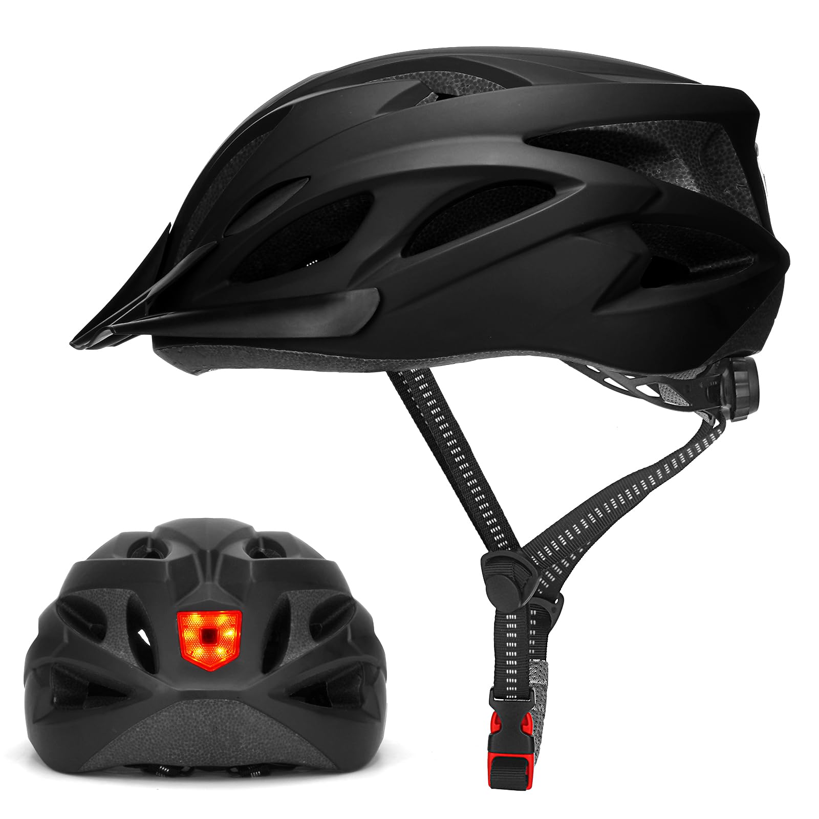 Bike Helmet Men Women Cycle Helmet with Light for Unisex Adult Bicycle Helmet Breathable Mountain Cycling Helmet Adjustable Road Helmet 58-62cm (Matte black)