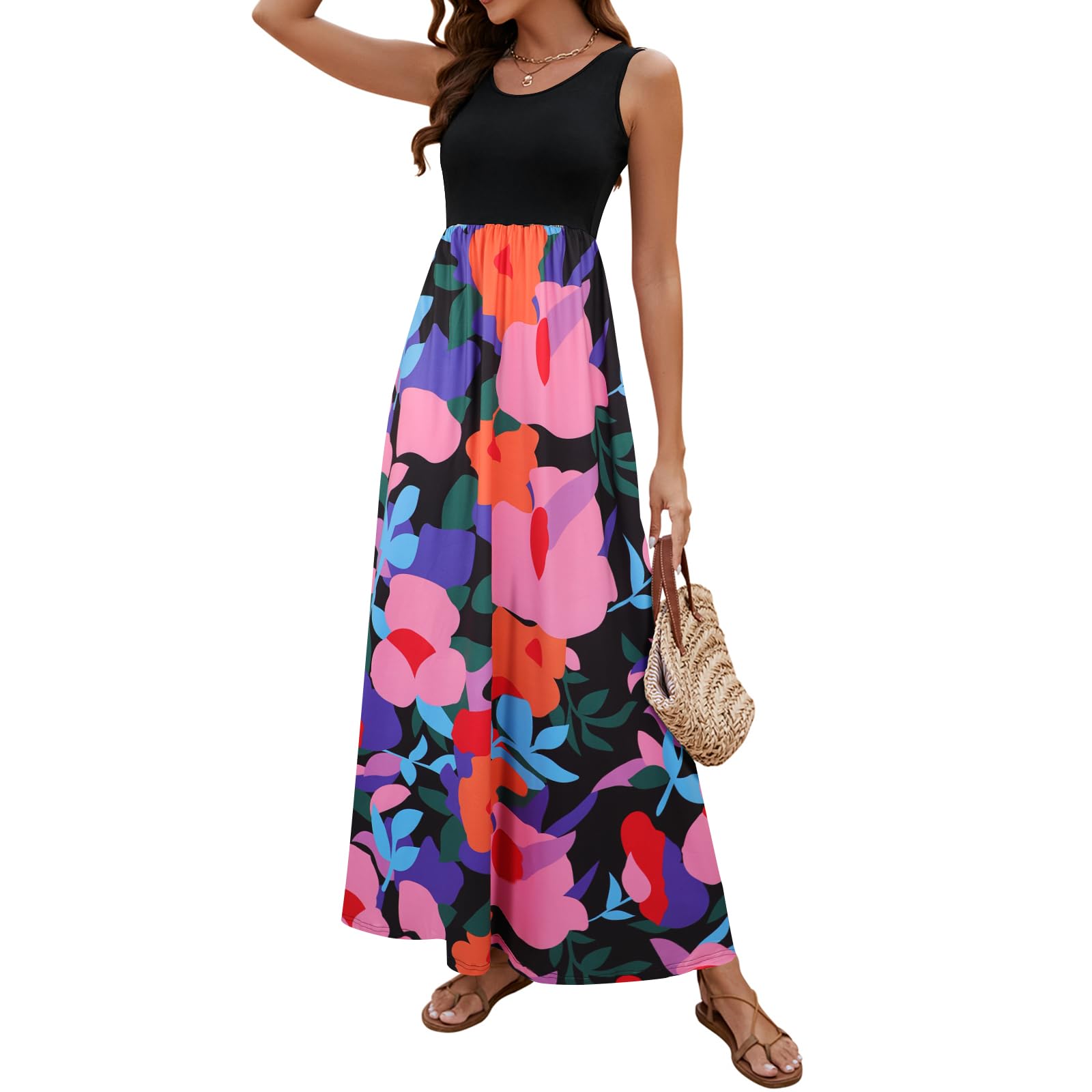 Sherosa Women Boho Chevron Striped Floral Printed Summer Sleeveless Tank Long Maxi Party Dress