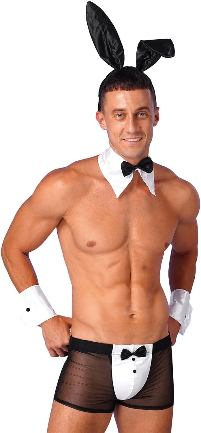Jugaoge Mens Bunny Costume Set Sexy Nightclub Tuxedo Waiter Server Cosplay Outfits Lingerie Sets