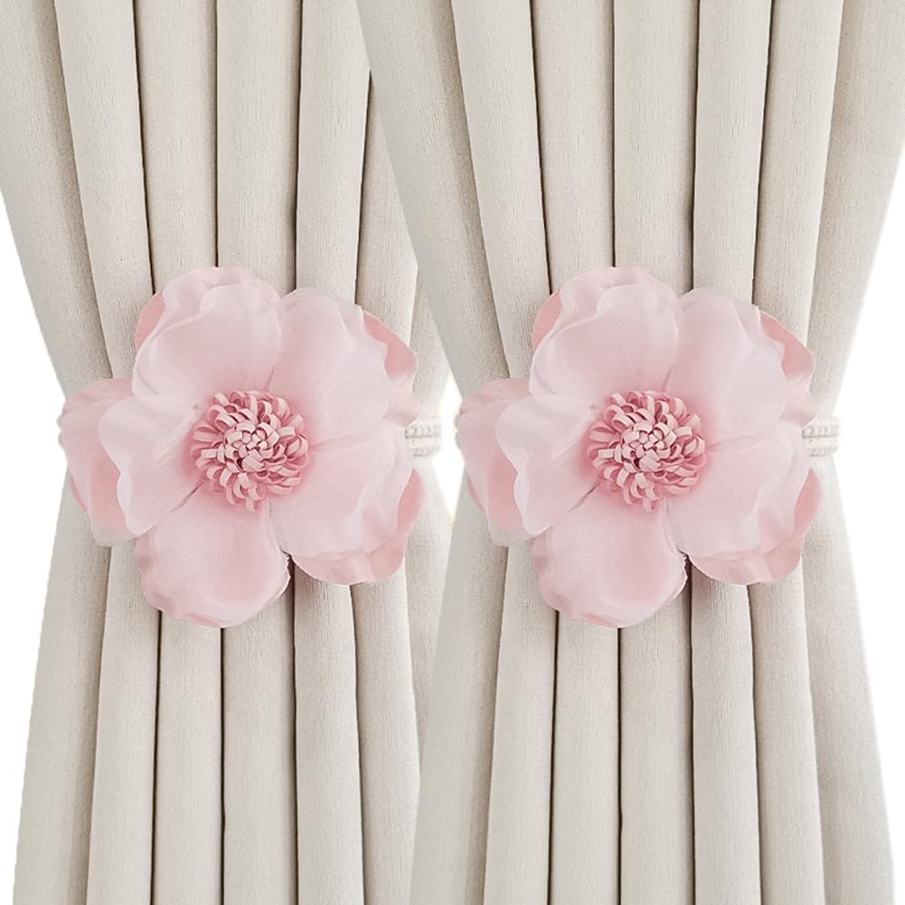Embrasses de fenêtre ， Boucle de Rideau en Bois ， 1 Paire d'embrasses de Rideaux réglables Corde Fleur Rideaux décoratifs Embrasse Créative Embrasses de Corde de Rideau(Pink)