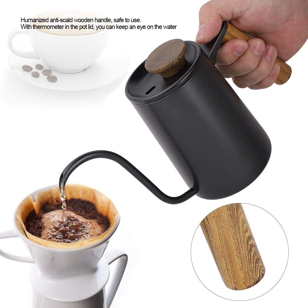 Fdit Caldera Larga del Canalón del Cuello de Cisne del Pote del Café del Goteo de la Manija del Acero Inoxidable de la Moda 600ml[Negro ]