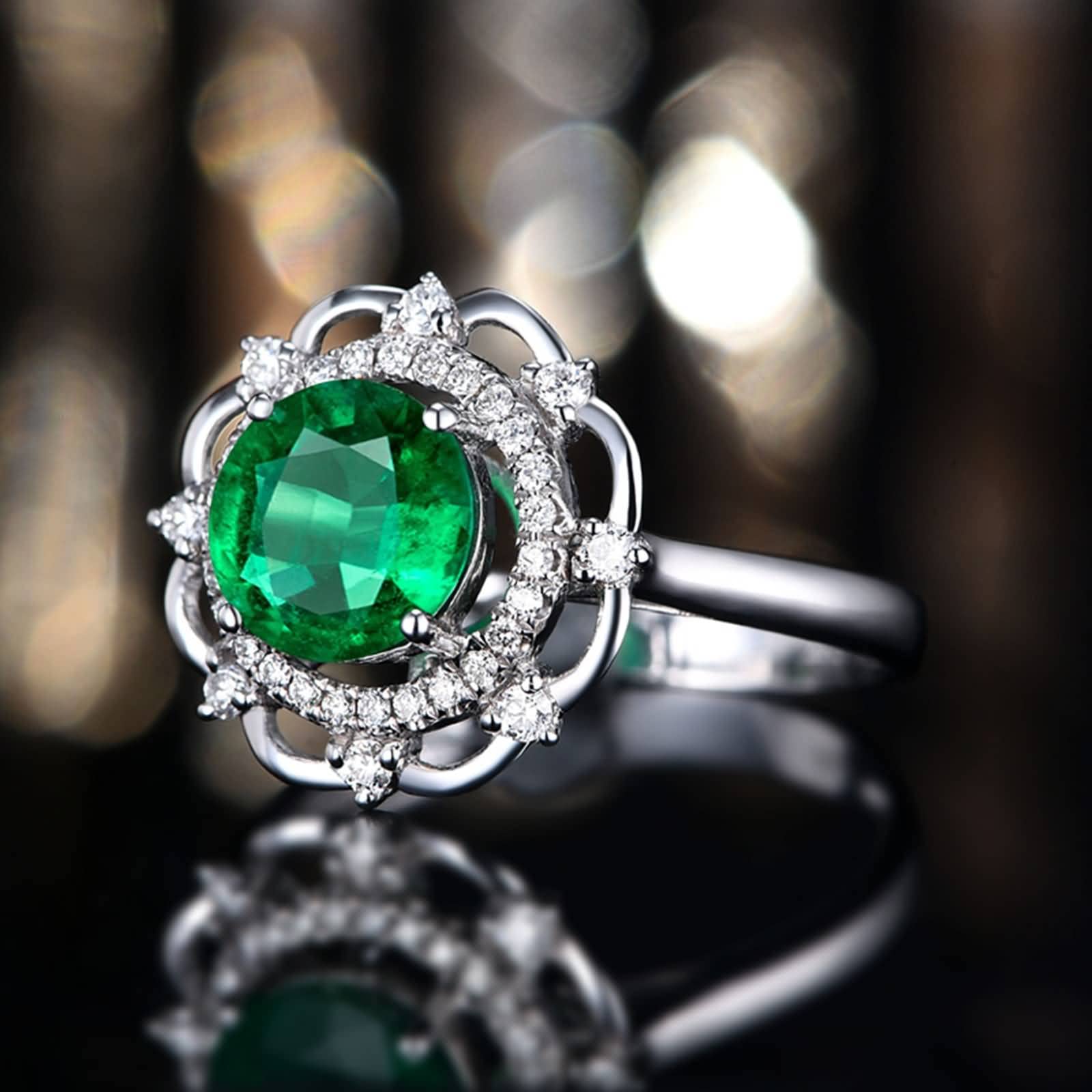 Anillos de boda para mujer, oro de 18 quilates/plata de ley 925, flor hueca con corte redondo de 1,4 quilates creado en laboratorio, anillo de compromiso de esmeralda, esmeralda sintética Cubic Zirconia