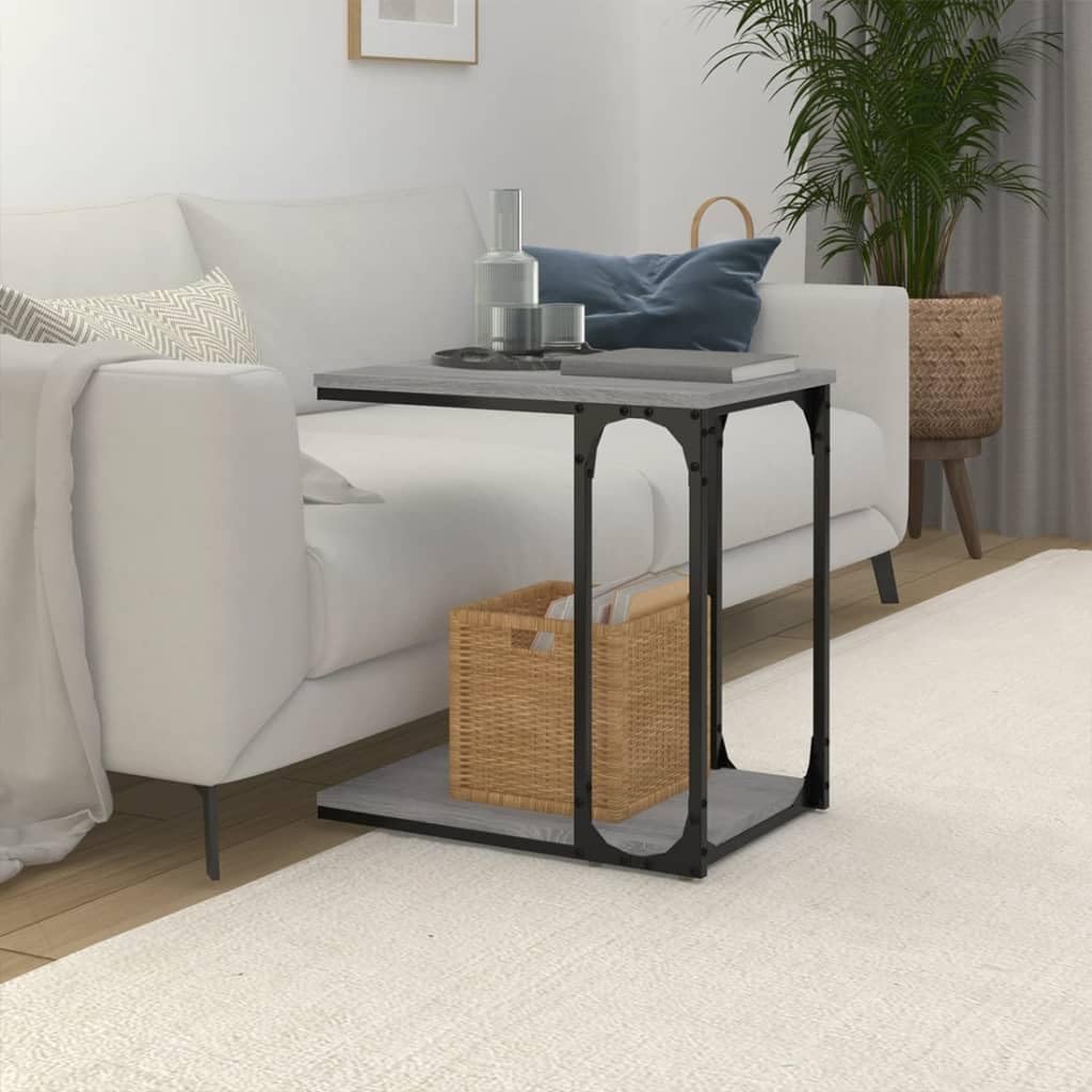Mesa auxiliar en forma de C gris Sonoma 50 x 35 x 52 cm – Mesa de sofá robusta con estructura de metal y estante – Mesa de centro pequeña para salón, dormitorio, estudio – Diseño industrial