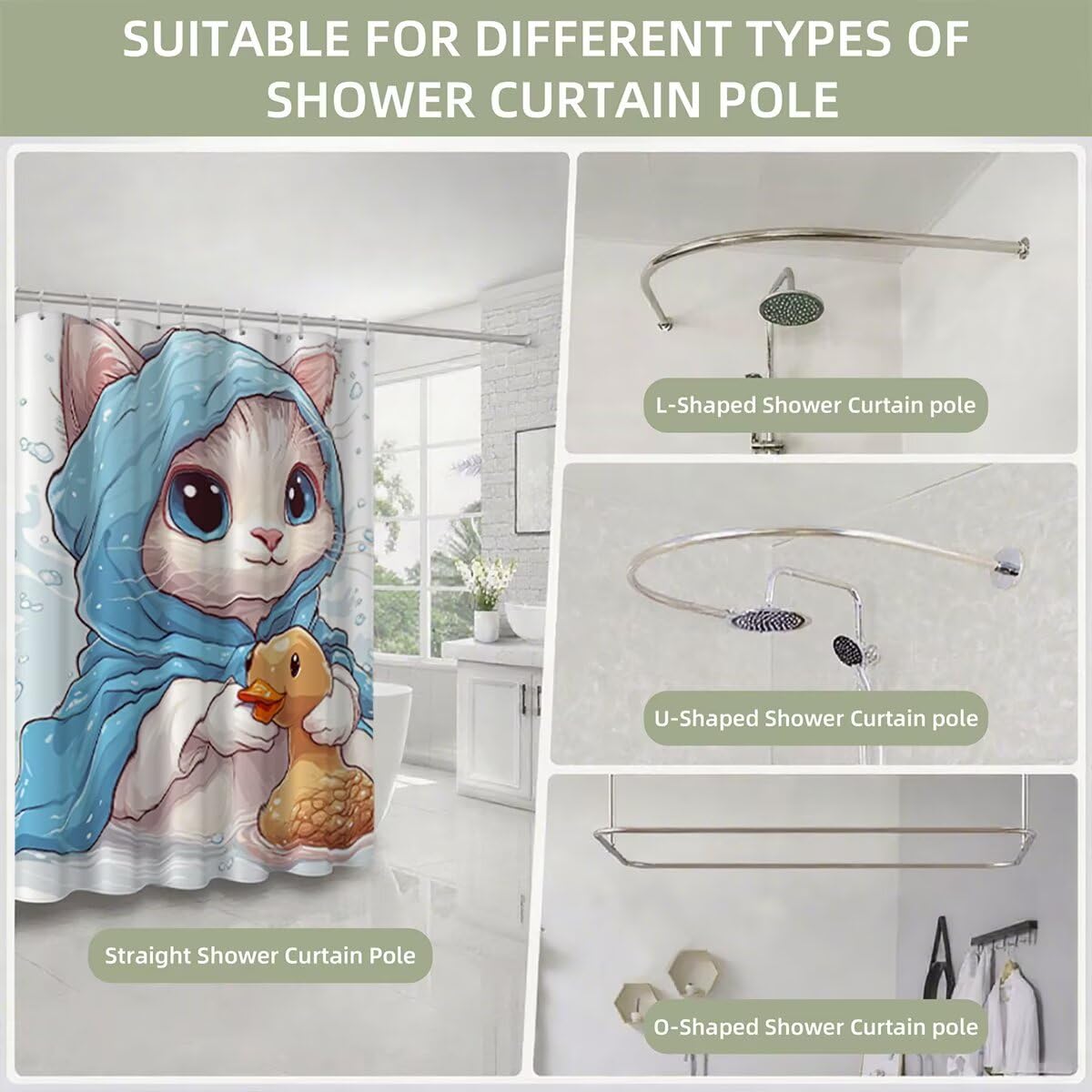 Weiß Duschvorhang 240x200, Duschrollo mit 12 Duschvorhang Haken, Katze Shower Curtains Beschwerter Saum, Waschbar Polyester Stoff Wasserdicht Extra Lang für Badewanne Badezimmer Deko, Geschenke -3443