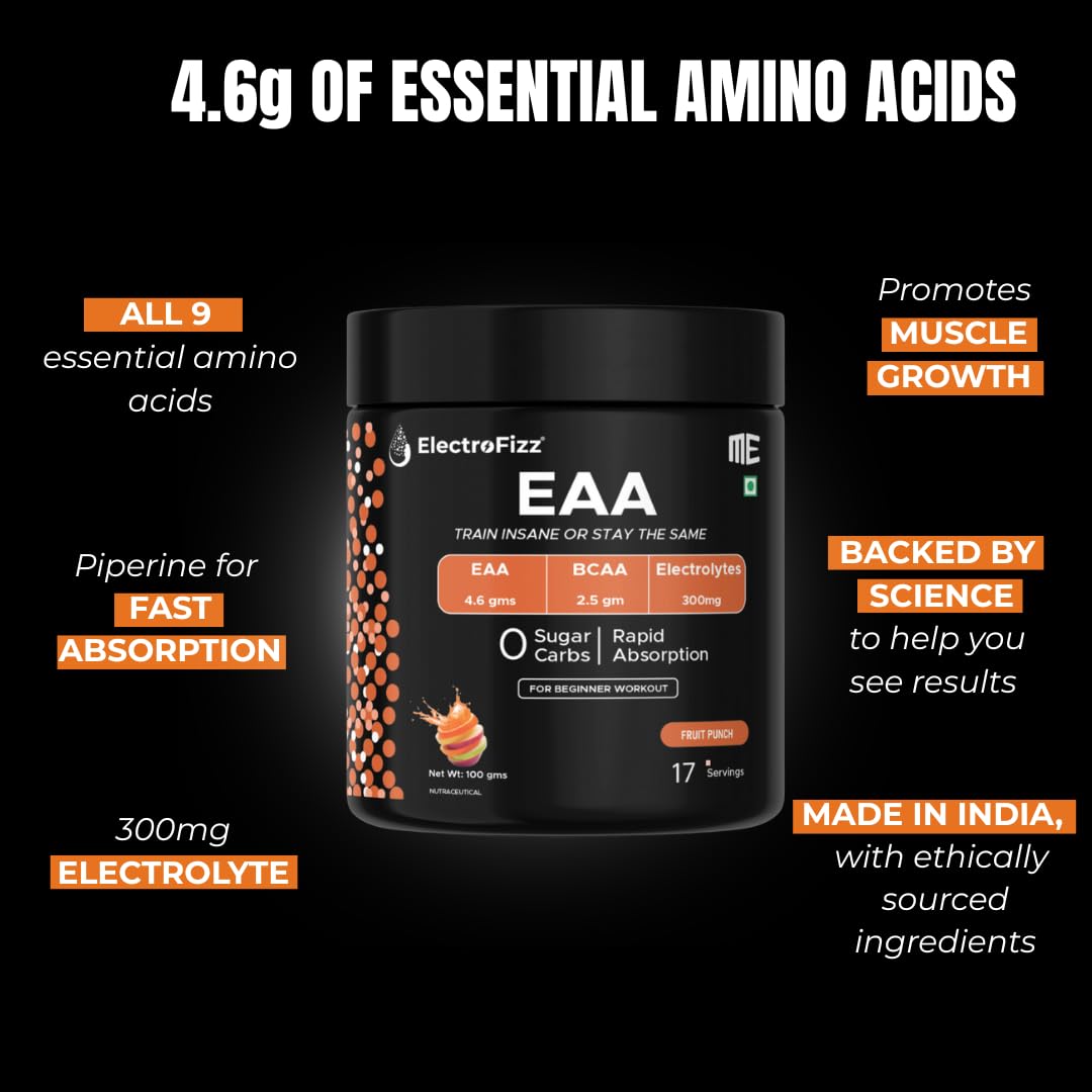 ElectroFizz EAA 4.6 gms with 2.5 gm BCAA with Vitamin & Electrolyte Blend for Muscle Recovery & Endurance - Pre/Post Workout & Intra Workout - 100 gms (EAA Fruit Punch) - Image 4 thumbnail