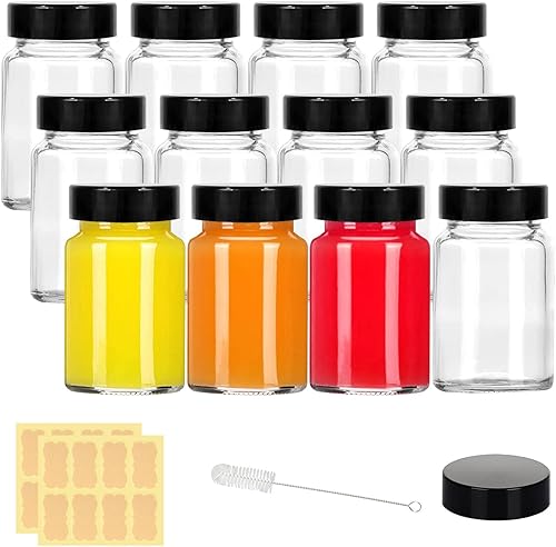 Miniatura 1 de Botellas pequeñas de vidrio transparente de 2 onzas con tapas, 12 botellas de boca ancha con tapas para chupitos de jengibre, jugo, poción,