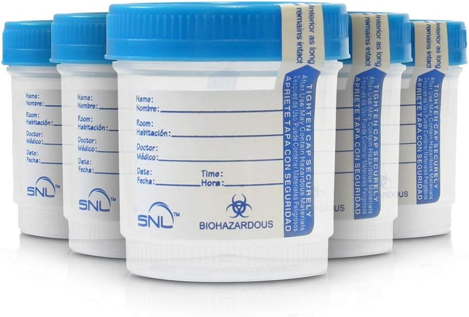 SNL Quality Sterile Specimen Cups [3oz/90ml - 5 Pack], Screw-on Lid with Double Tamper Evident Seals, Blue Cover