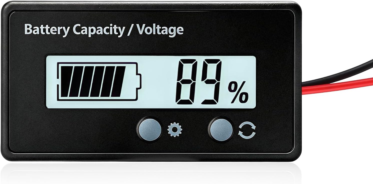 DC 12V 24V 36V 48V 60V 72V 84V Battery Meter, Auto Battery Capacity Indicator Voltage Monitor with Alarm, LCD Display Monitor Waterproof Gauge for Lithium & Lead-Acid Batteries (White)