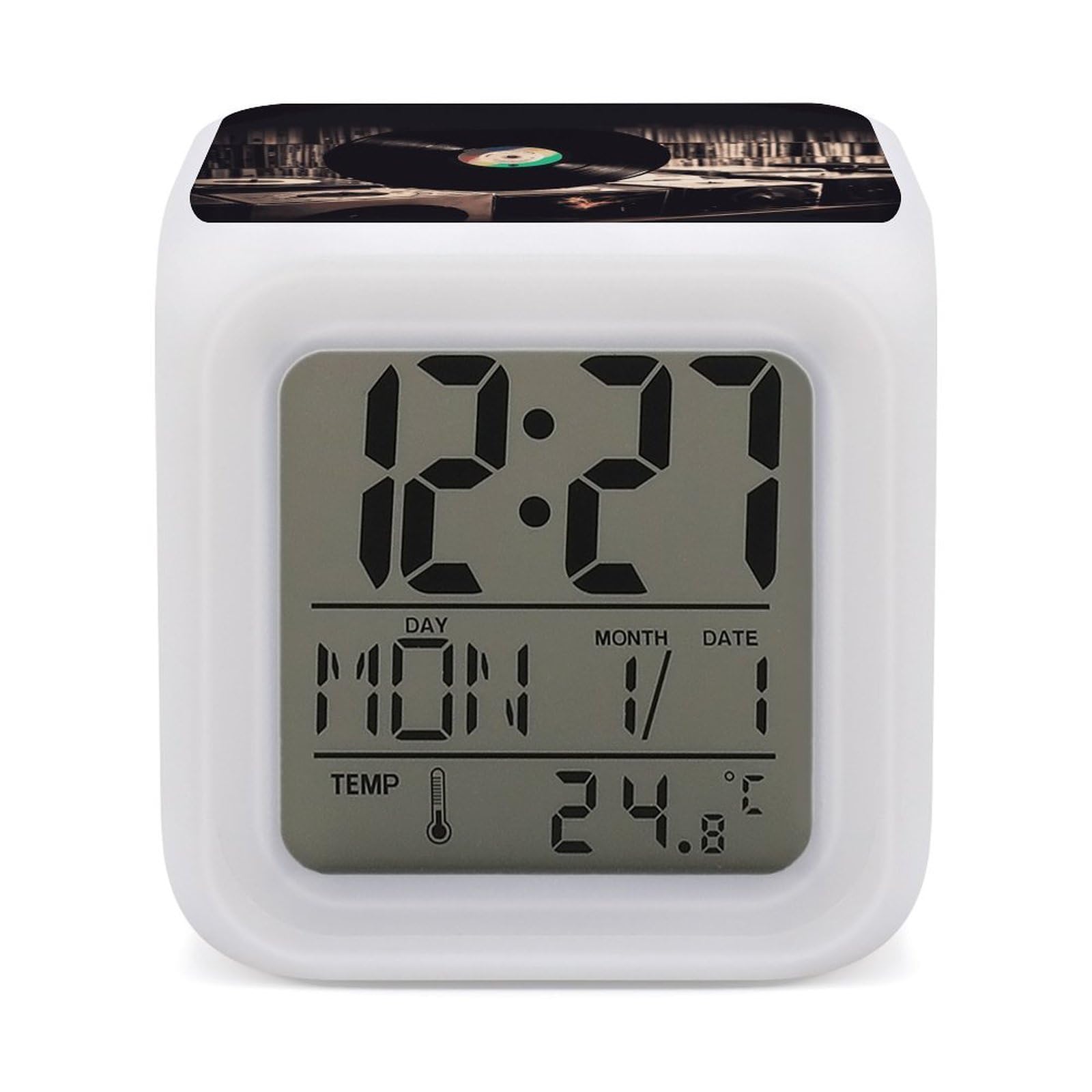 Reloj despertador de discos de vinilo con luz LED de 7 colores y pantalla de temperatura para mesa