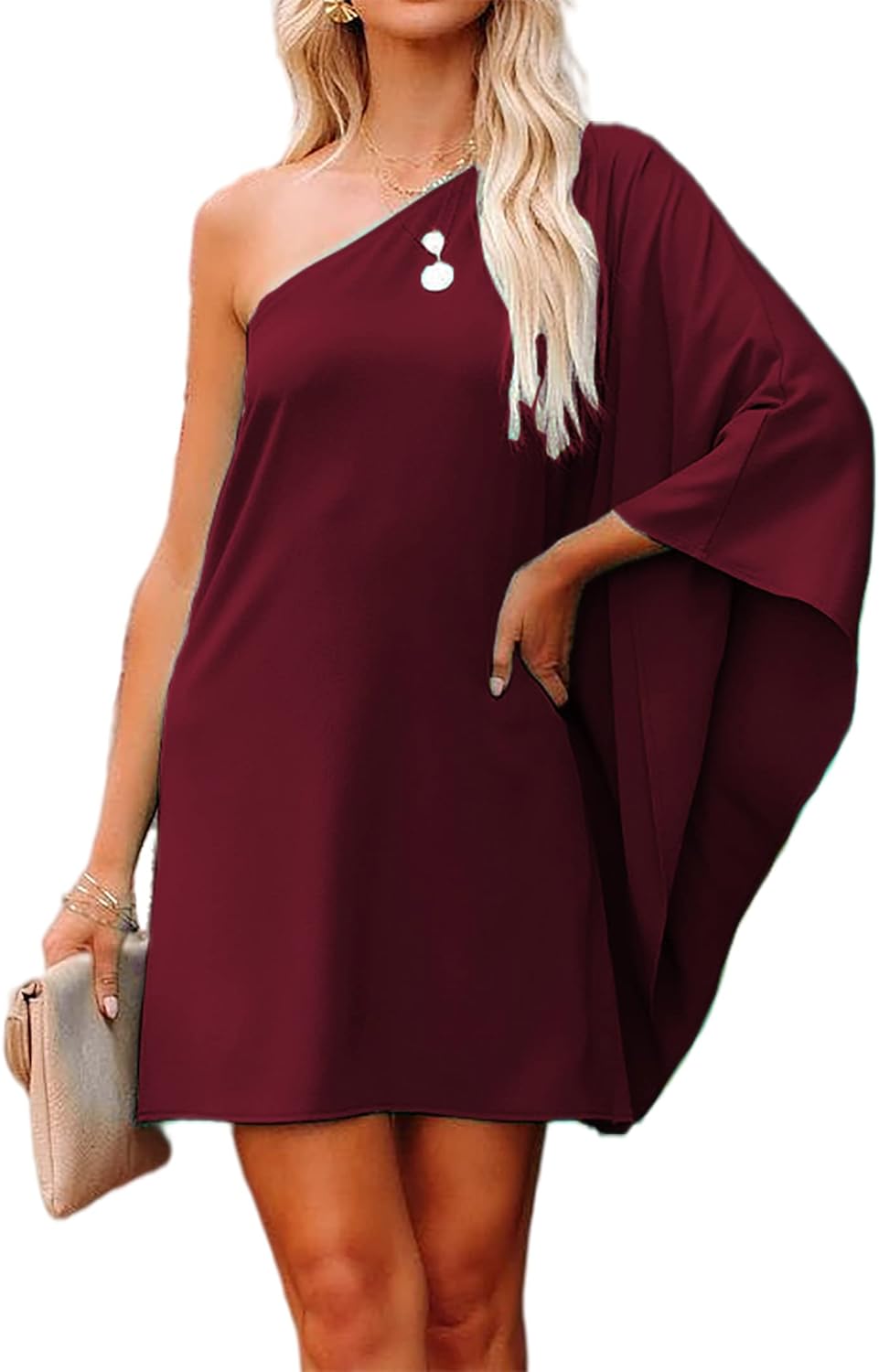 Jhsnjnr Women's Short Wedding Guest One Shoulder Dresses Formal Batwing Sleeve Club Party Cocktail Dress - Image 3