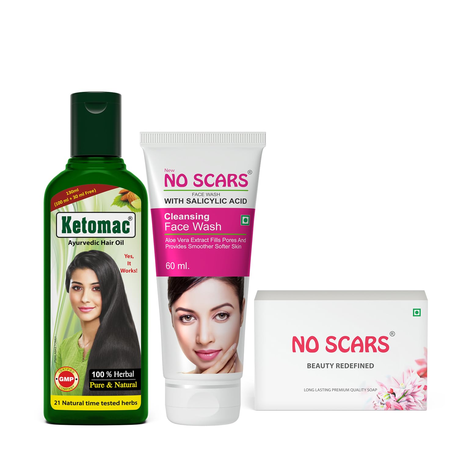 Ketomac Ayurvedic Hair Oil 100ml + No Scar Aloevera Face Wash 60ml + No Scar Bathing Soap