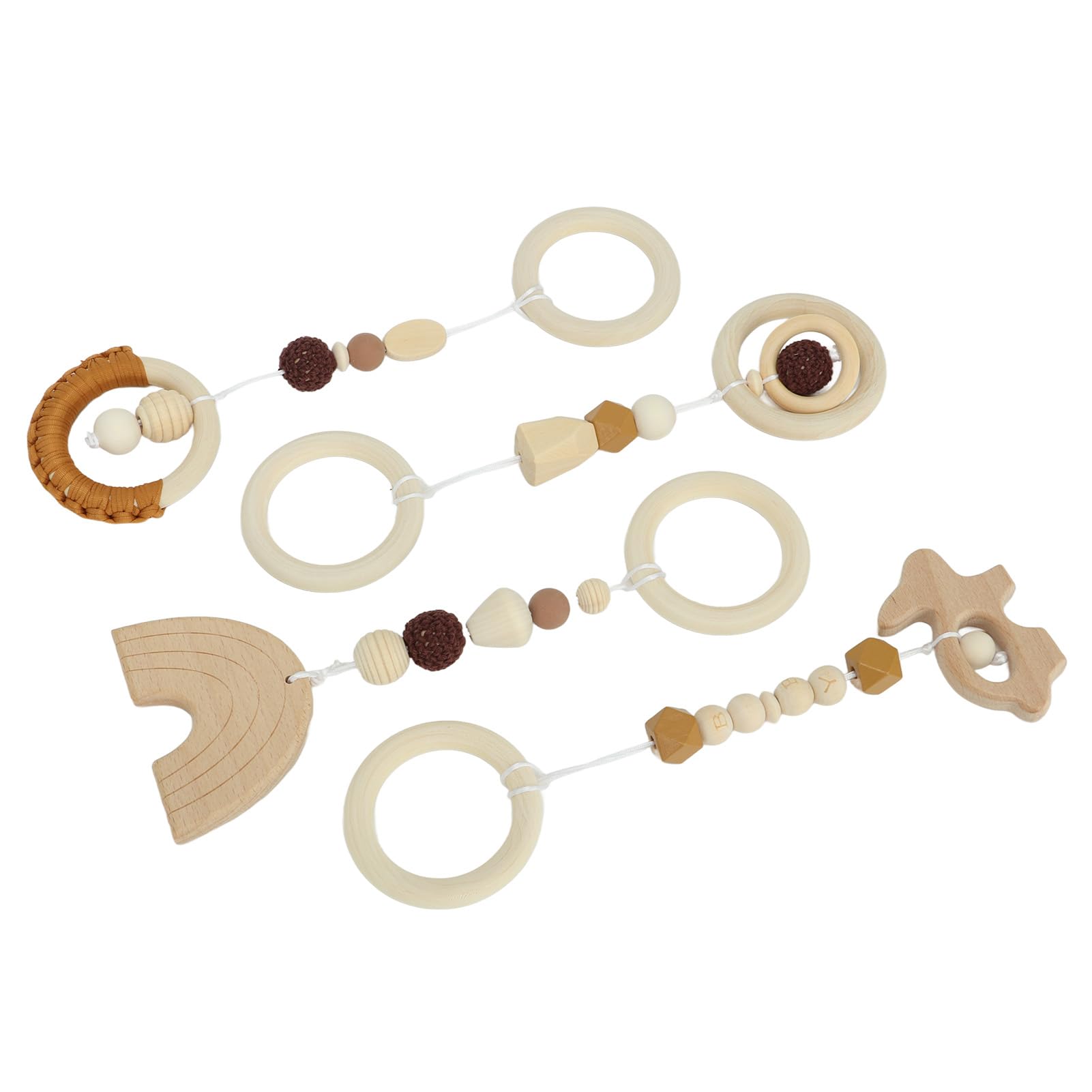 Jouets Suspendus en Bois pour bébé, Pendentif écologique pour Poussette, Jeu de Gymnastique, Matériau en Hêtre, 4 Pièces (Brun)