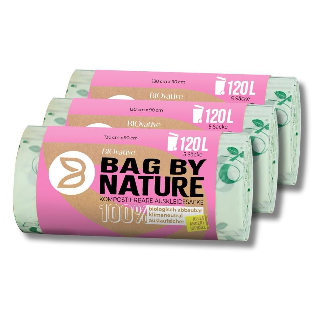Bolsas de basura biológicas compostables 120L - 15 unidades - Fabricadas en Alemania, 100% biodegradables, neutras para el clima, resistentes al desgarro - también como 240L