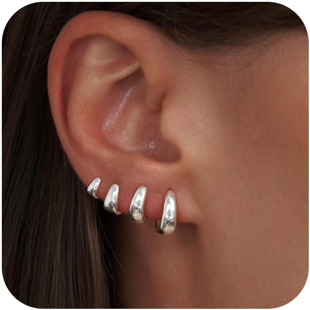 Silver Hoop Earrings Set for Women, Hypoallergenic Small Huggie Earrings Sterling Silver Chunky Silver Earrings for Women Trendy, Silver Hoop Earrings Set for Mulpitle Piercing Stack Cartilage Jewelry Statement Earrings Gifts