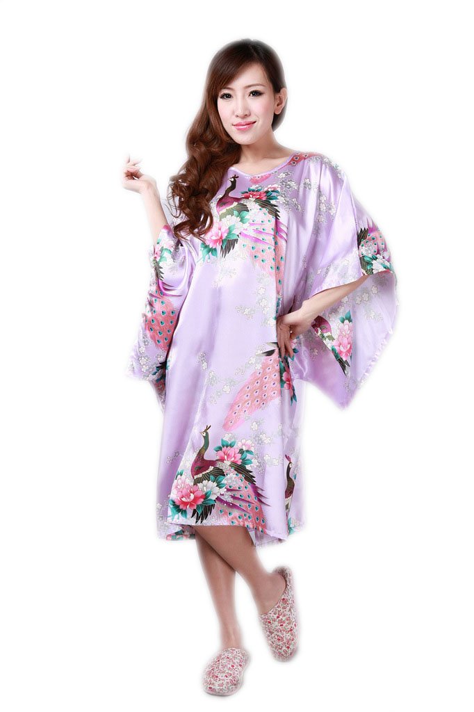Jtc Women's Peacock Lilac Flower Printed Satin Nightgown Sleepwear Loose Sleeve Kimono Dress Nightdress (Lilac Peacock)