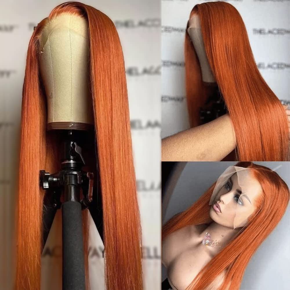QMSSR Ginger Orange Color Long Straight Hair Lace Front Wigs Copper Red Hair Glueless Synthetic Lace Front Wigs for Women Natural Hairline