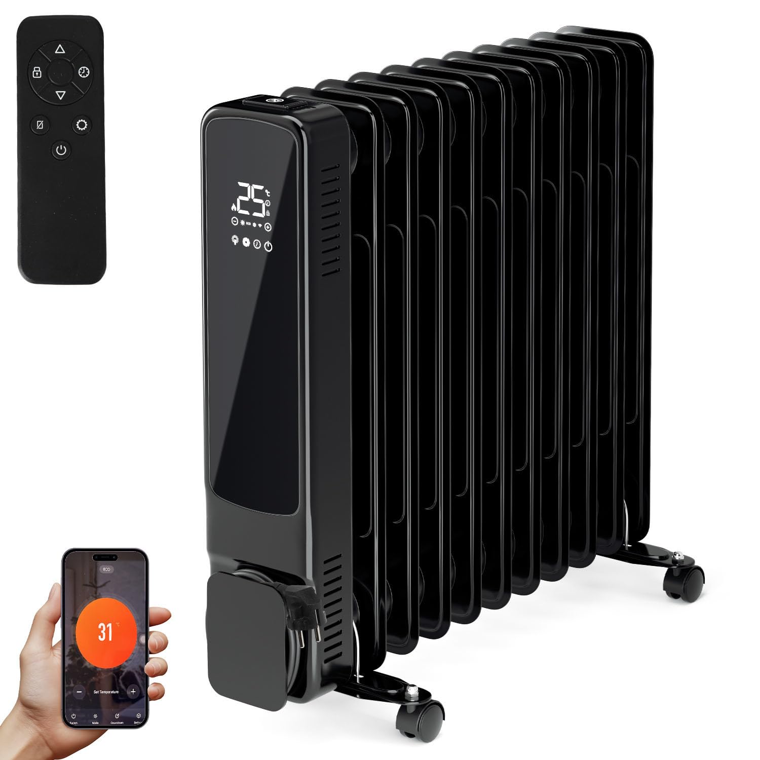 Ölradiator 2500 watt, Ölradiator Energiesparend,mit 11 Rippen 3 Heizstufen,Thermostat,WiFi App & Fernbedienung,Digitalem Display,Radiator Heizung Elektrisch Überhitzungsschutz,Schwarz