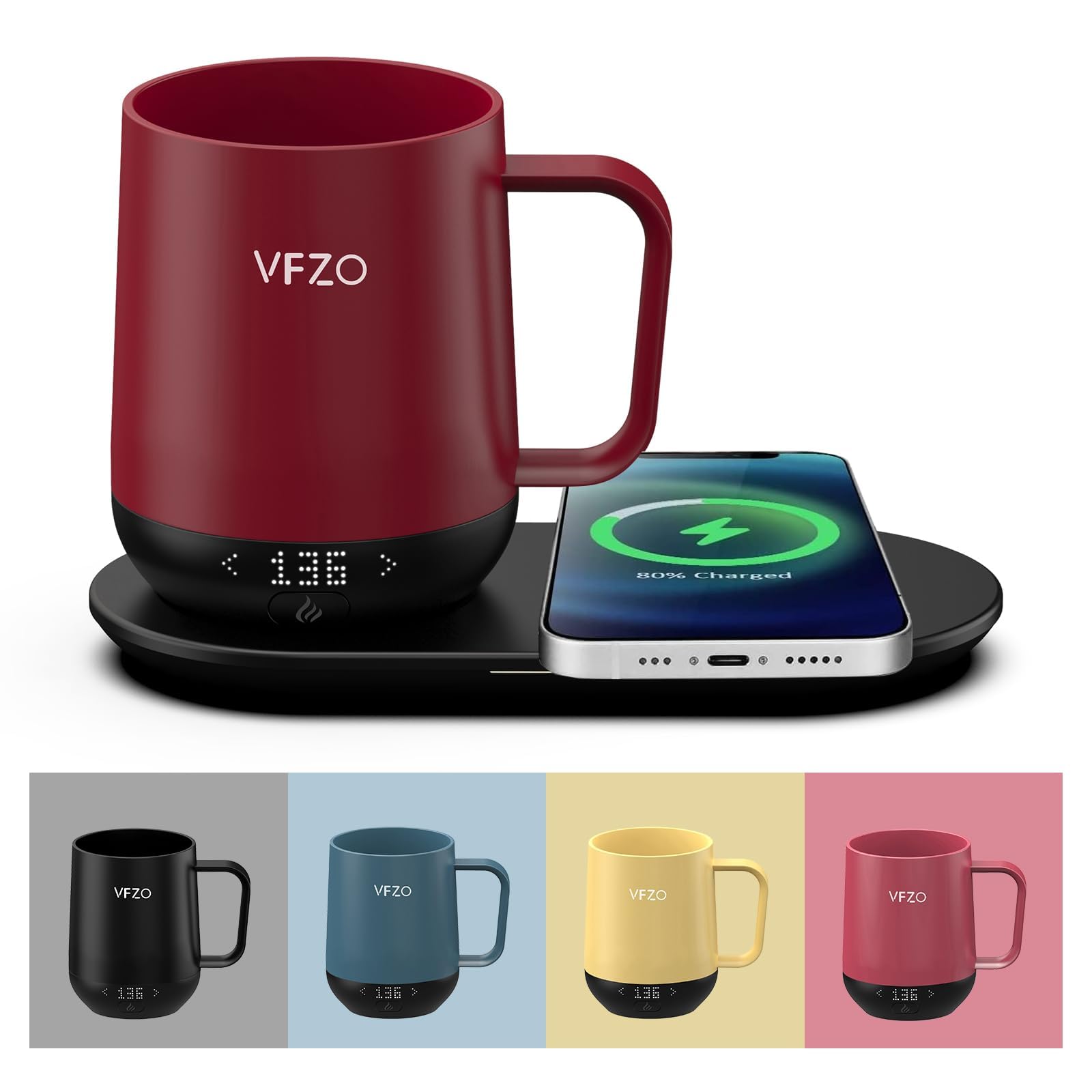 VFZO Temperature Control Smart Mug, Self Heating Coffee Mug LED Display, 180 Min Battery Life - Hot up to 149? Fast Wireless Charger Base Improved Design coffee serving sets (12oz, Burgundy)