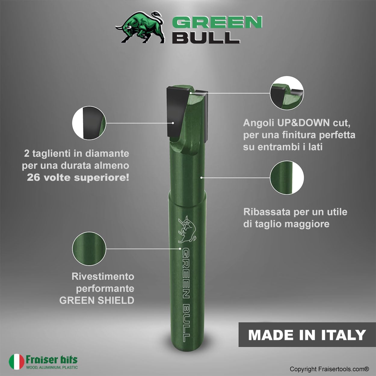 Fraiser Green Bull - fresa multimateriale con taglienti in diamante per taglio e scanalatura, gambo 8mm, diametro 8mm, profondità utile 12–25mm - per legno, plastica, leghe leggere