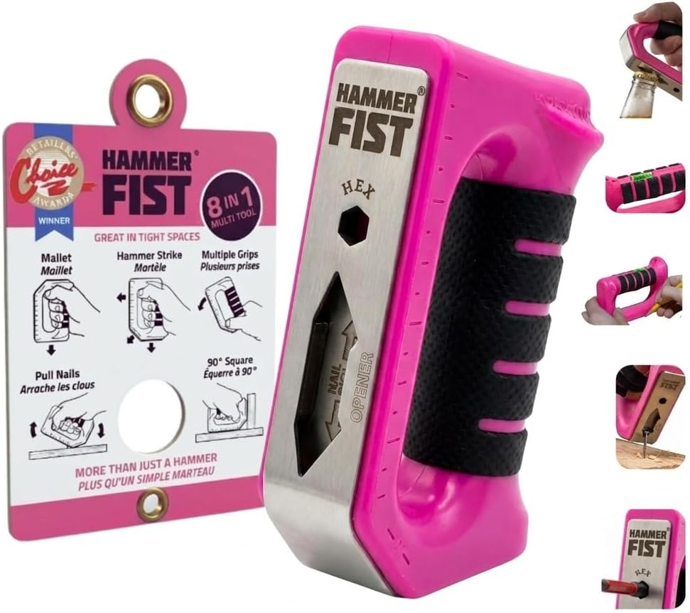 Hammer Fist 8-in-1 Multitool - Heavy Duty Stainless Steel Palm Hammer & Nail Puller, Non-Marring Mallet, Hex Driver, Ruler, Square & Bottle Opener - Compact EDC Survival Gear & DIY Hand Tool (Pink)