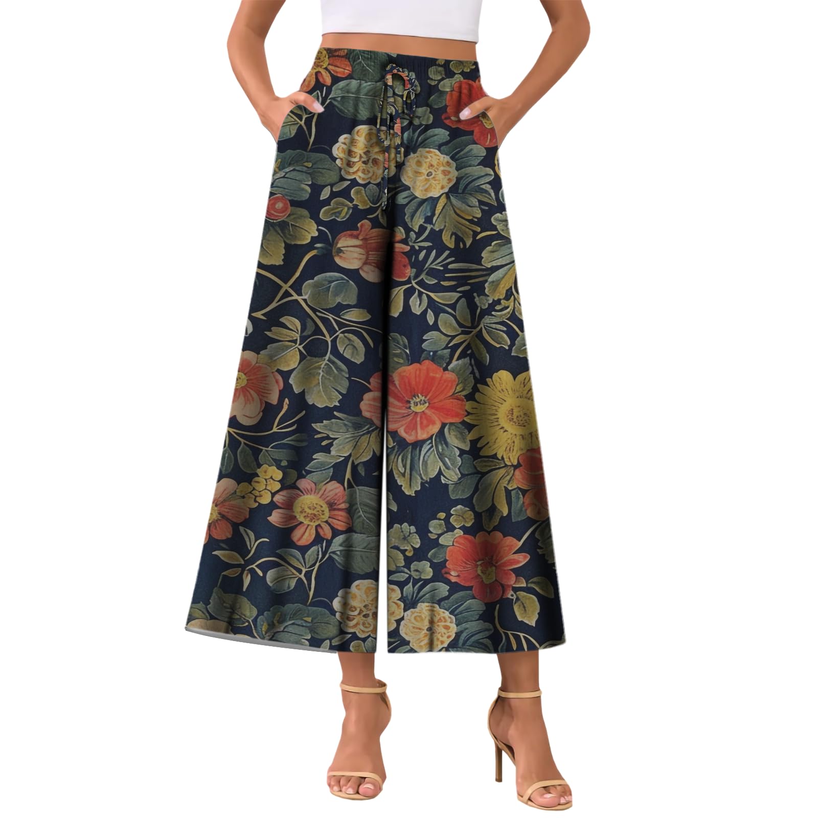MARSVOVO Elegant Palazzo Pants for Women Drawstring High-Waisted Wide-Leg Trousers Beach Flowy Pants
