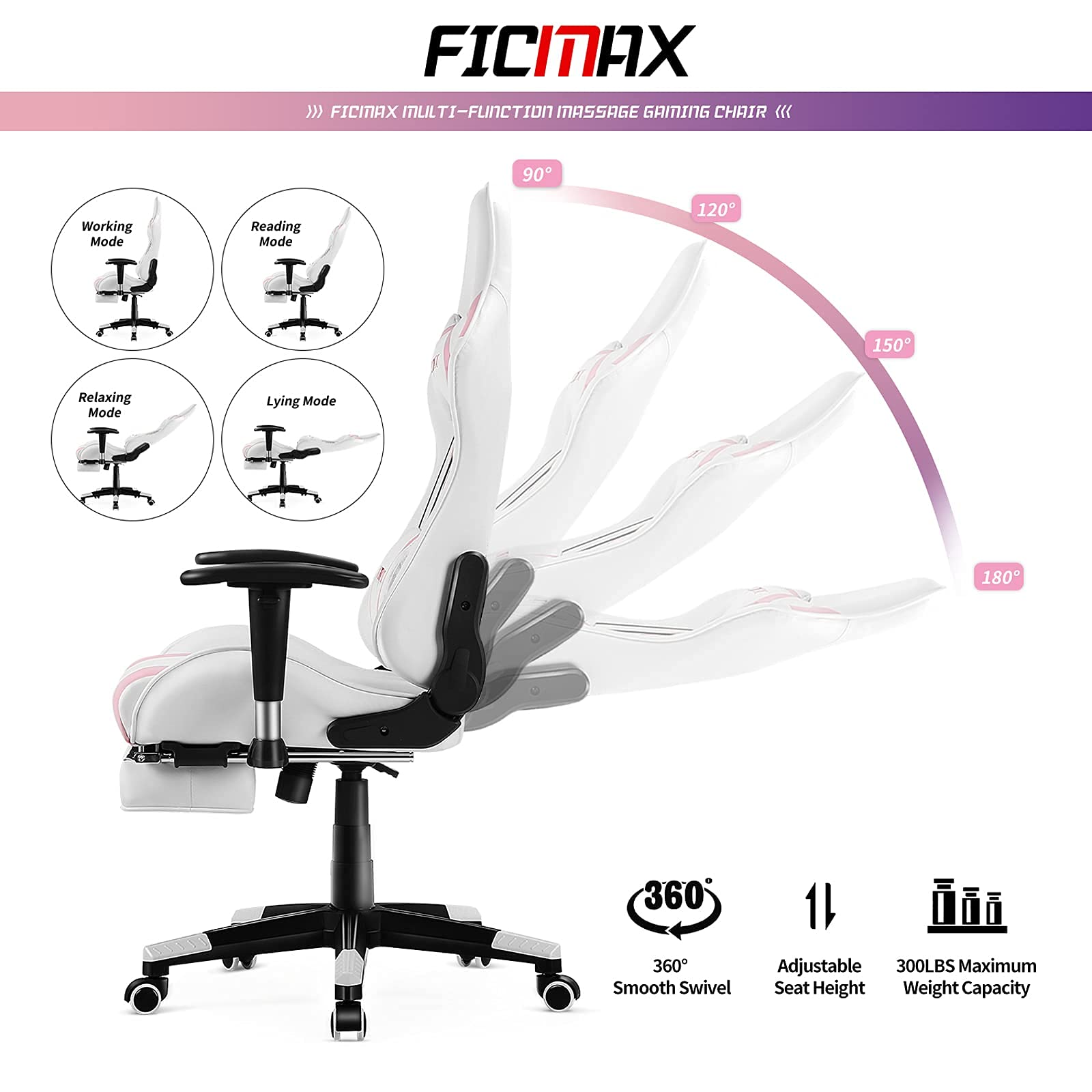 26/mo Finance Ficmax Pink Gaming Chair with Footrest, Racing Style