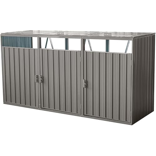 Outdoor Storage Shed for Trash Cans and Yard Tools, Bike Shed Heavy Duty Metal Shed Tool Shed with 3 Doors, Horizontal Stow-Away Storage Shed for Backyard Patio Garden,Gray,95" L × 31.5" W × 48" H