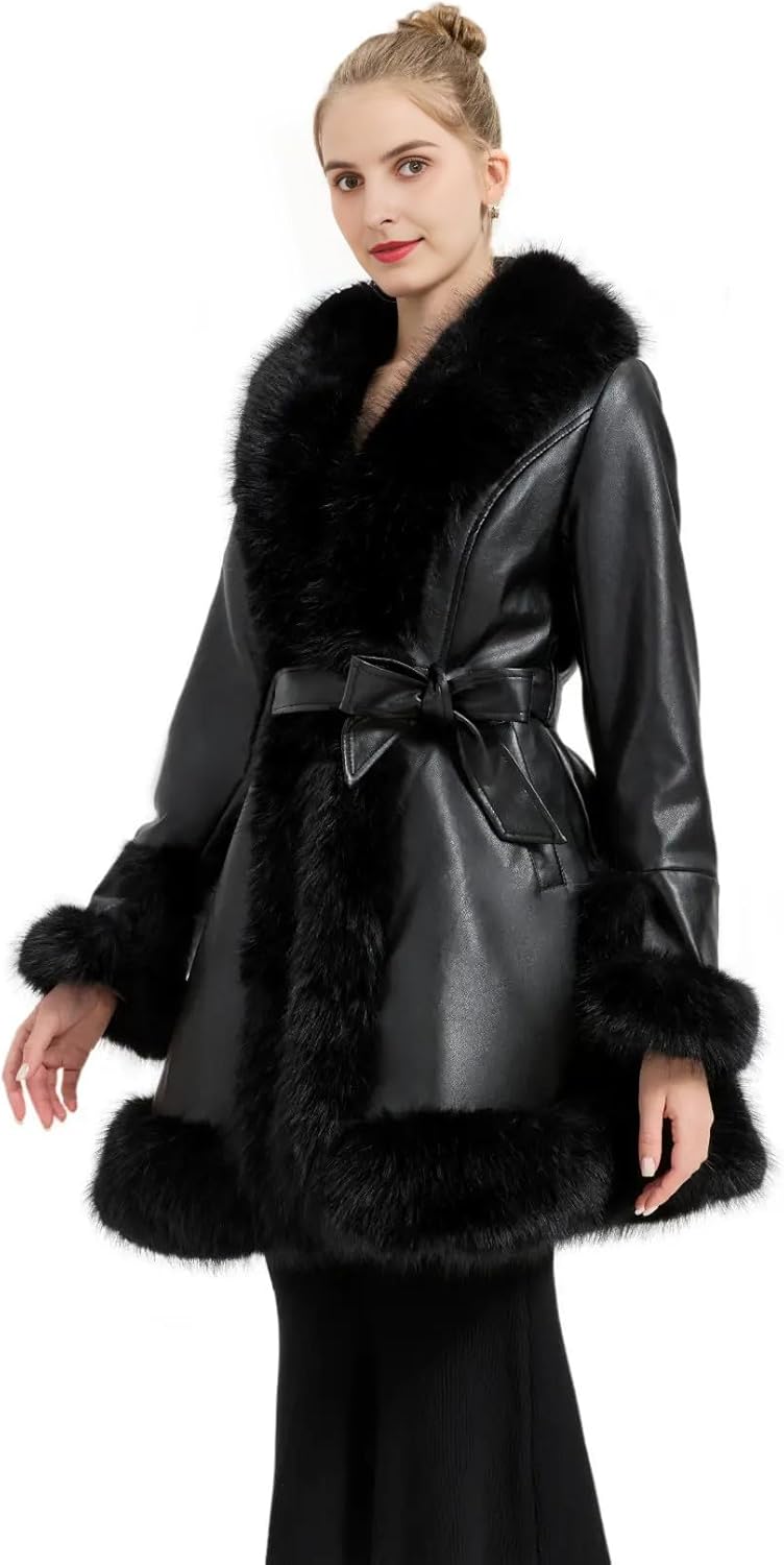 Winter Warm Faux Fur Leather Collar Jacket for Women Long Sleeve Coat With Pockets and Belt