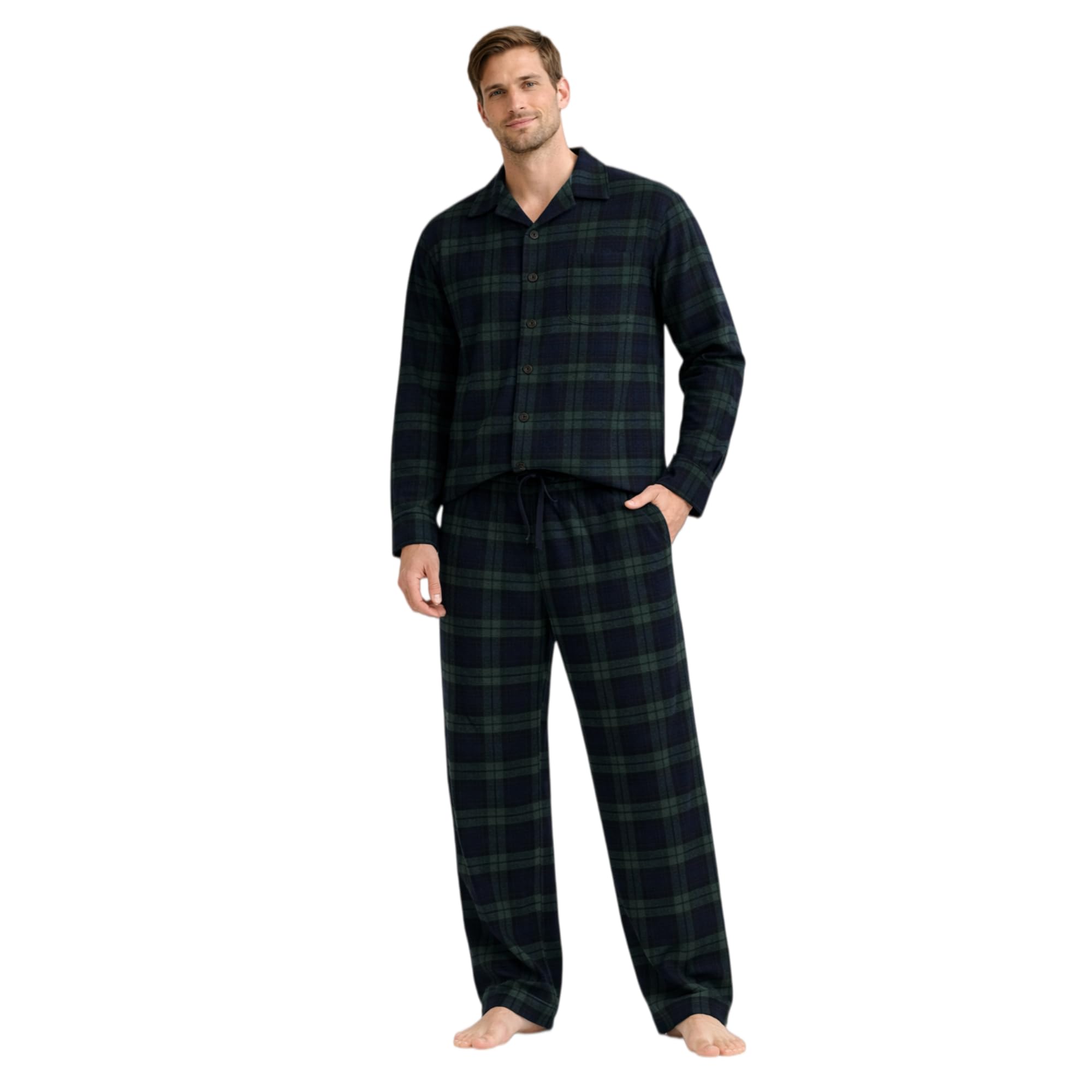 Pigiama Uomo in Flanella 100% Cotone a Quadri con Camicia e Pantaloni con Vita Elastica, Morbido e Caldo per Inverno