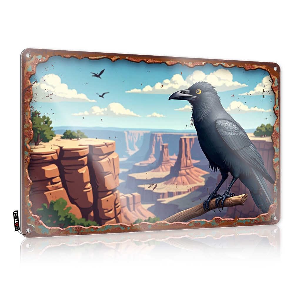Fzfn Colour Decorations Accessory Funny Raven Perched On A Branch Overlooking A Canyon Landscape For Retirement - Rustic Customizable(20X30cm)