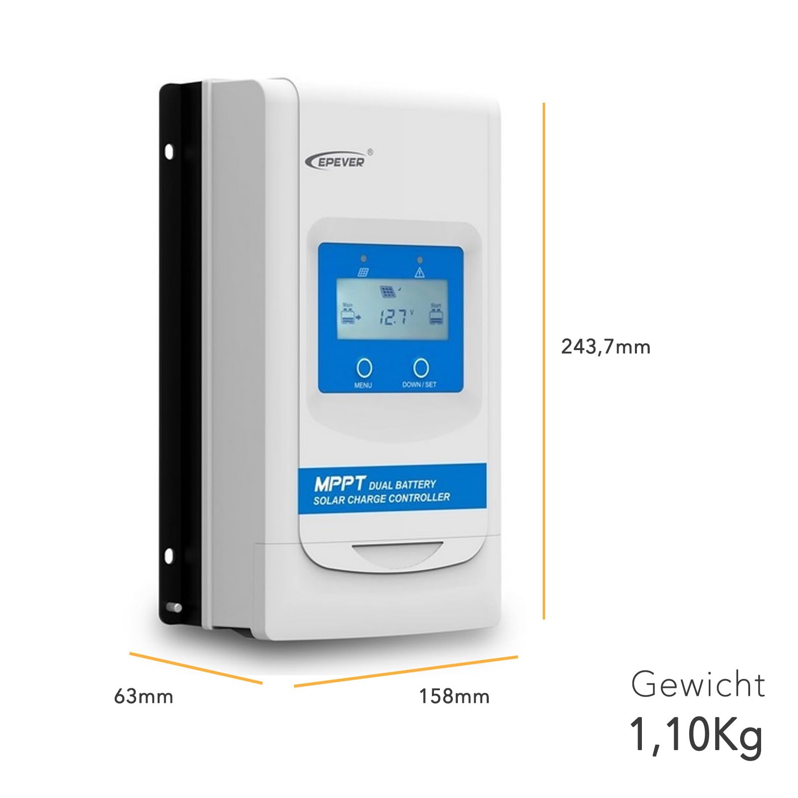 EPEVER MPPT Regulador de carga solar DuoRacer 10A, 20A, 30A; 12/24V trabajo automático, para 2 baterías, PV 60V-100V (DR2210N – 20A, 100V)