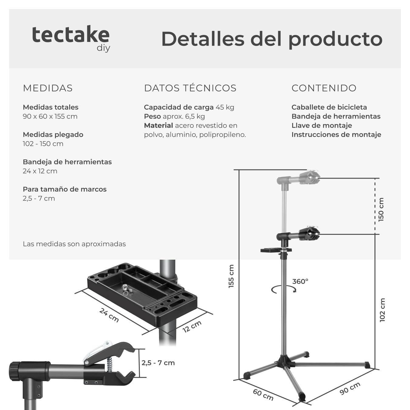 tectake® Soporte Bicicleta Suelo, Ajustable en Altura, Giratorio 360º, Soporte Bici Plegable con Bandeja, Herramientas Bicicleta Montaña o Carretera, Fácil Montaje, Firme y Estable, Carga máxima 45 kg