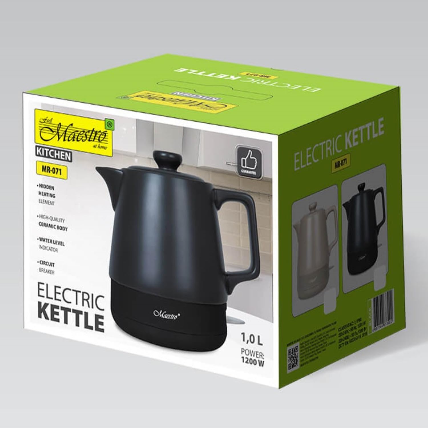 Maestro MR-071 Hervidor eléctrico de cerámica de 1 l y 1200 W, negro, con resistencia oculta, apagado automático, base antideslizante, indicador de nivel de agua, compacto