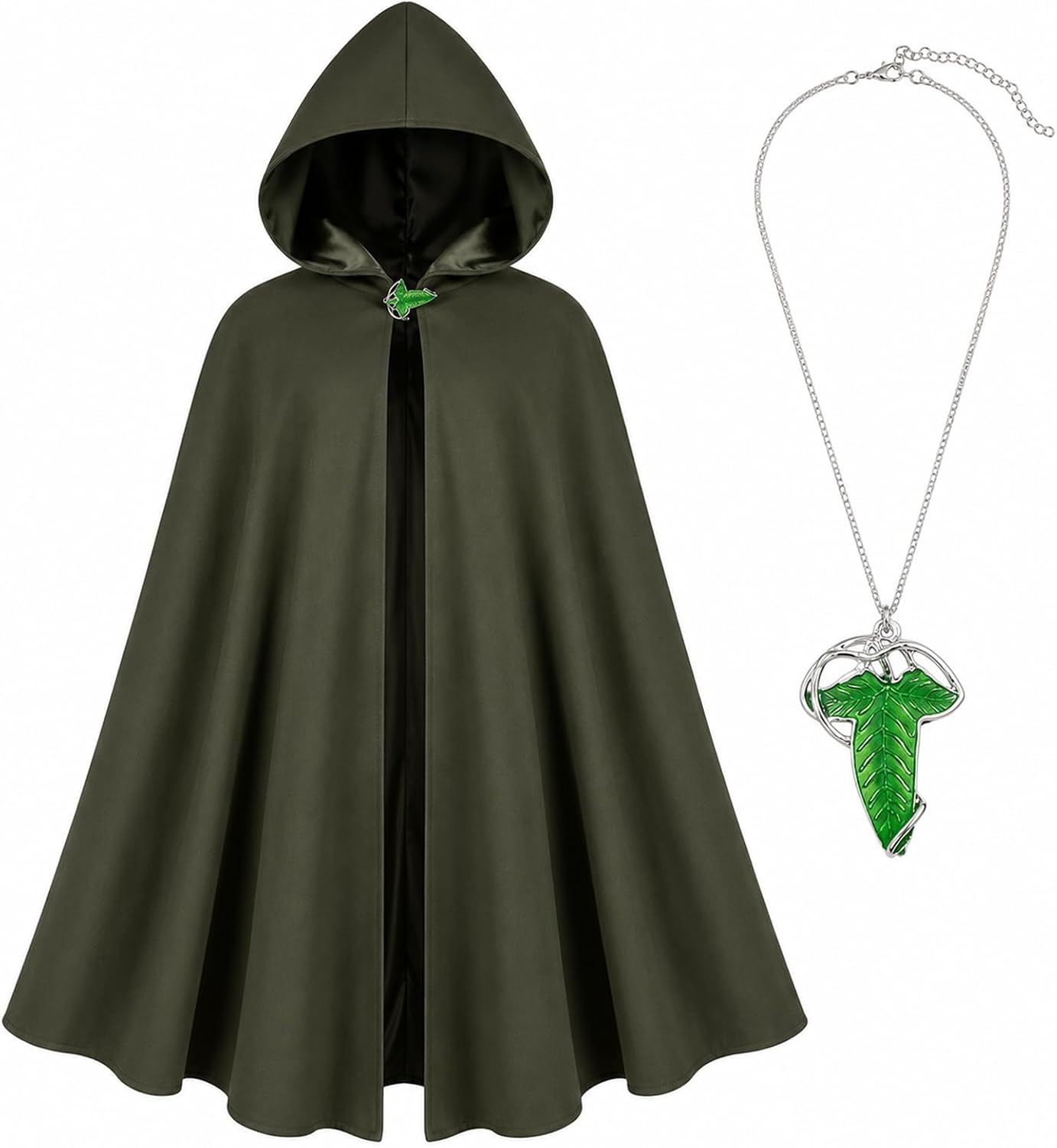Medieval Hooded Cloak Robe Renaissance Cape with Leaf Brooch Necklace, Halloween Cosplay Elf Witch Vintage Costume