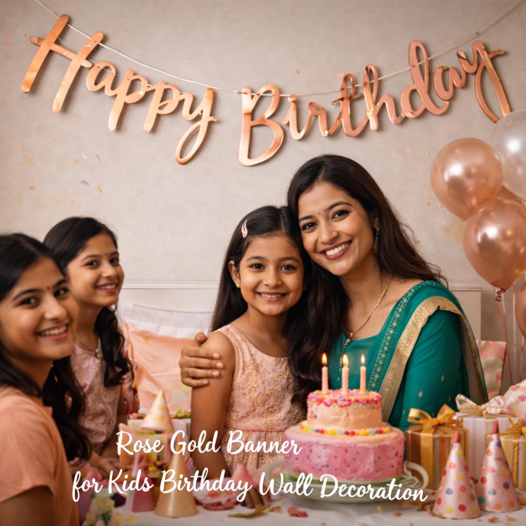 Propsicle Rose Gold Happy Birthday Banner - Glossy Cursive Cardstock Decoration with Ribbon, Reusable Wall Backdrop for Kids, Girls & Women Celebration Setup 1