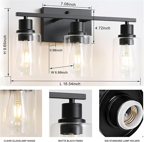 Miniatura 2 de Lámparas de tocador de baño, 3 luces de baño negro mate, apliques de pared con pantalla de vidrio transparente para pasillo, granja, dormitorio,