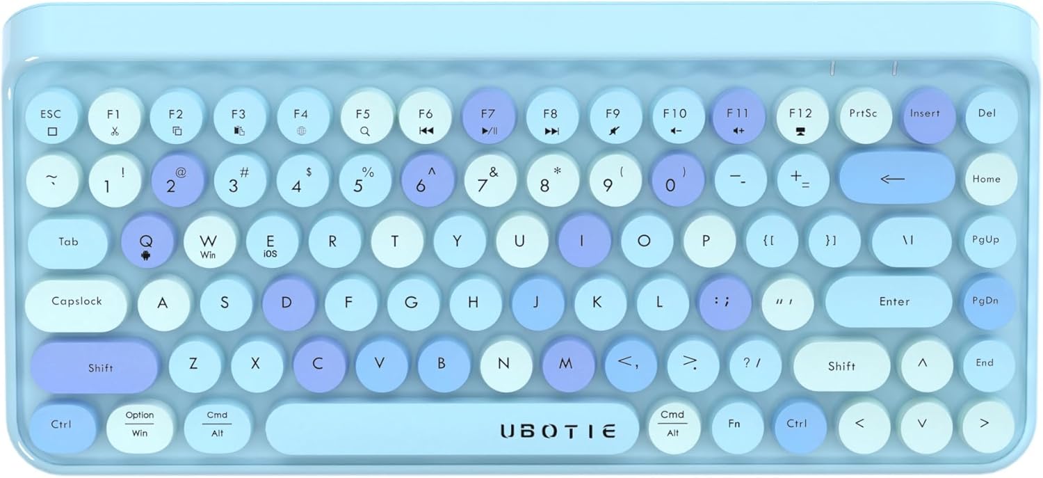 UBOTIE Portable Bluetooth Colorful Computer Keyboards, Wireless Mini Compact Retro Typewriter Flexible 84Keys Design Keyboard (New Blue Colorful)