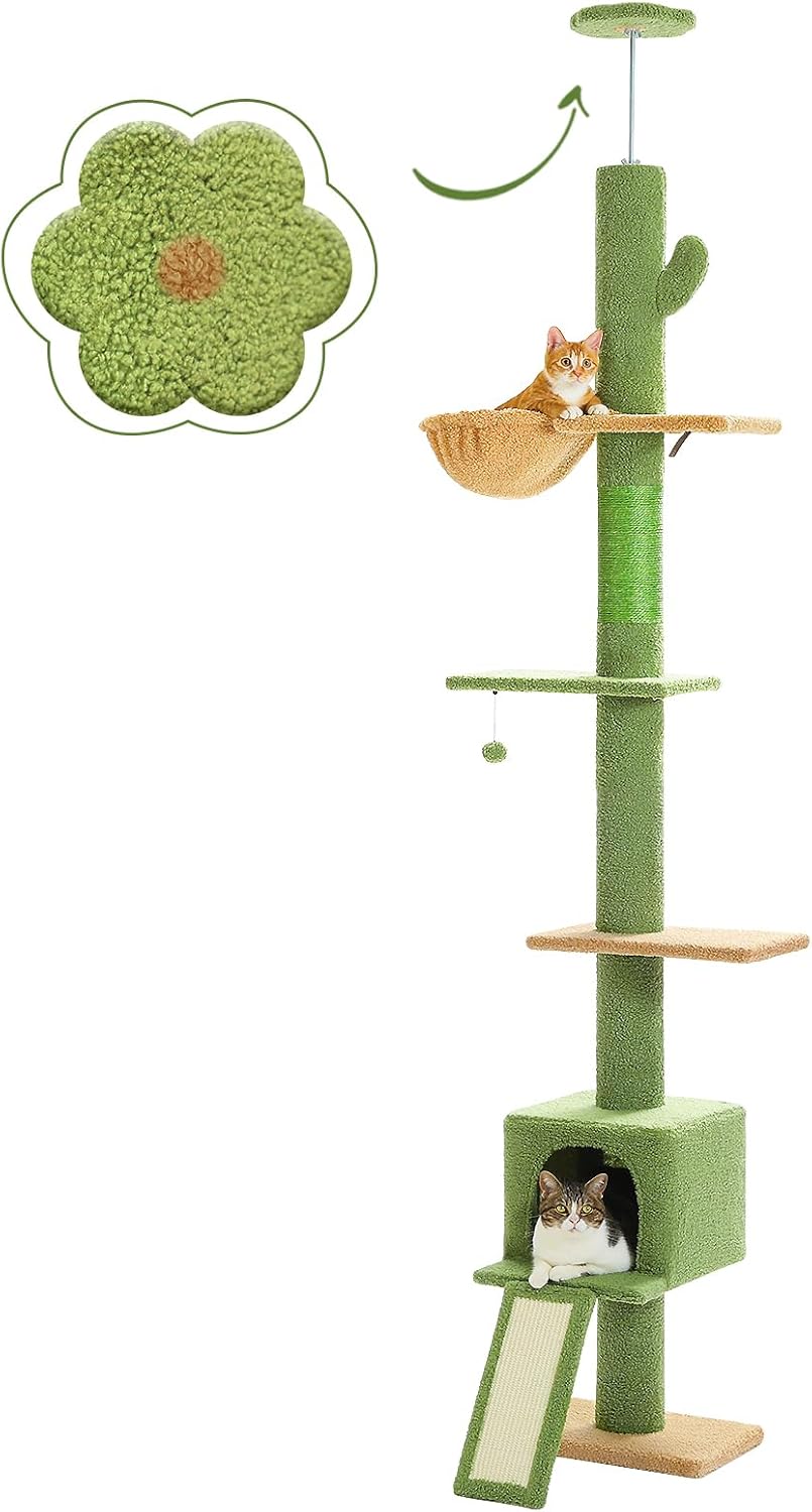 PEQULTI Floor to Ceiling Cat Tree, Cactus Tall Tower, Adjustable Height (83''-108'') 5 Tiers Climbing Tree for Indoor Cats With Condo, Scratching Post and Ladder, Green