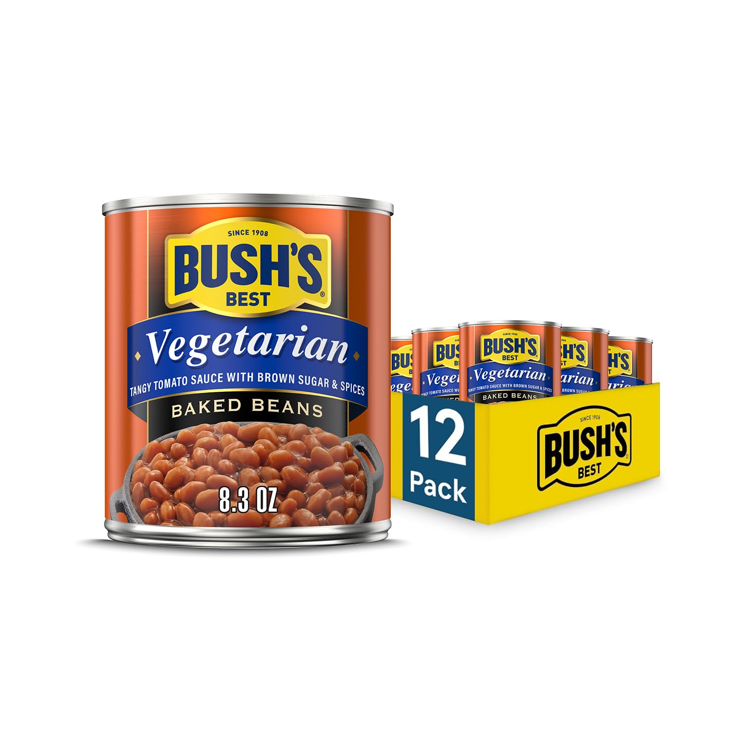 Bush's Best Vegetarian Baked Beans 8.3oz Cans (Pack of 12) - Plant-Based Protein, High Fiber, Gluten-Free, Low Fat