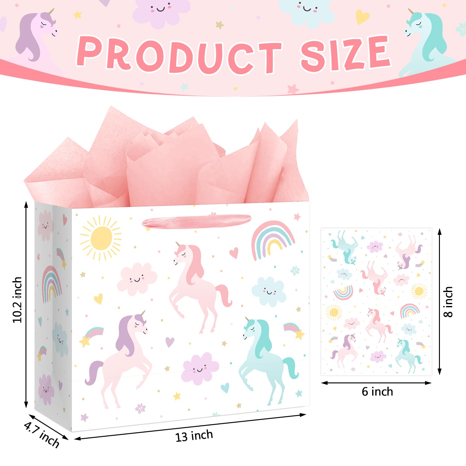 Reyoust 13" Large Magical Pastel Unicorn Happy Birthday Gift Bag with Card and Tissue Paper Rainbow Unicorn Birthday Party Decorations for Girls Kids 13" L x 10.2" H x 4.9" W