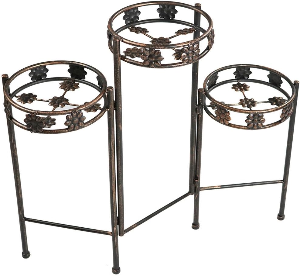 Sunnydaze3 Tiered Plant Stand - Indoor or Outdoor Plant Holder with Sturdy Metal & Decorative Folding Design - for Garden, Patio, or Inside The Home - 29 Inch Tall