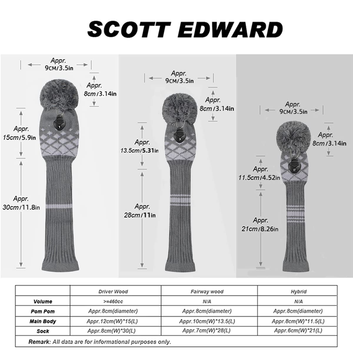 Scott Edward Knit Woods Couvre-Club de Golf pour Clubs de Golf, 1 pièce, Convient aux allées, avec étiquette rotative numérotée