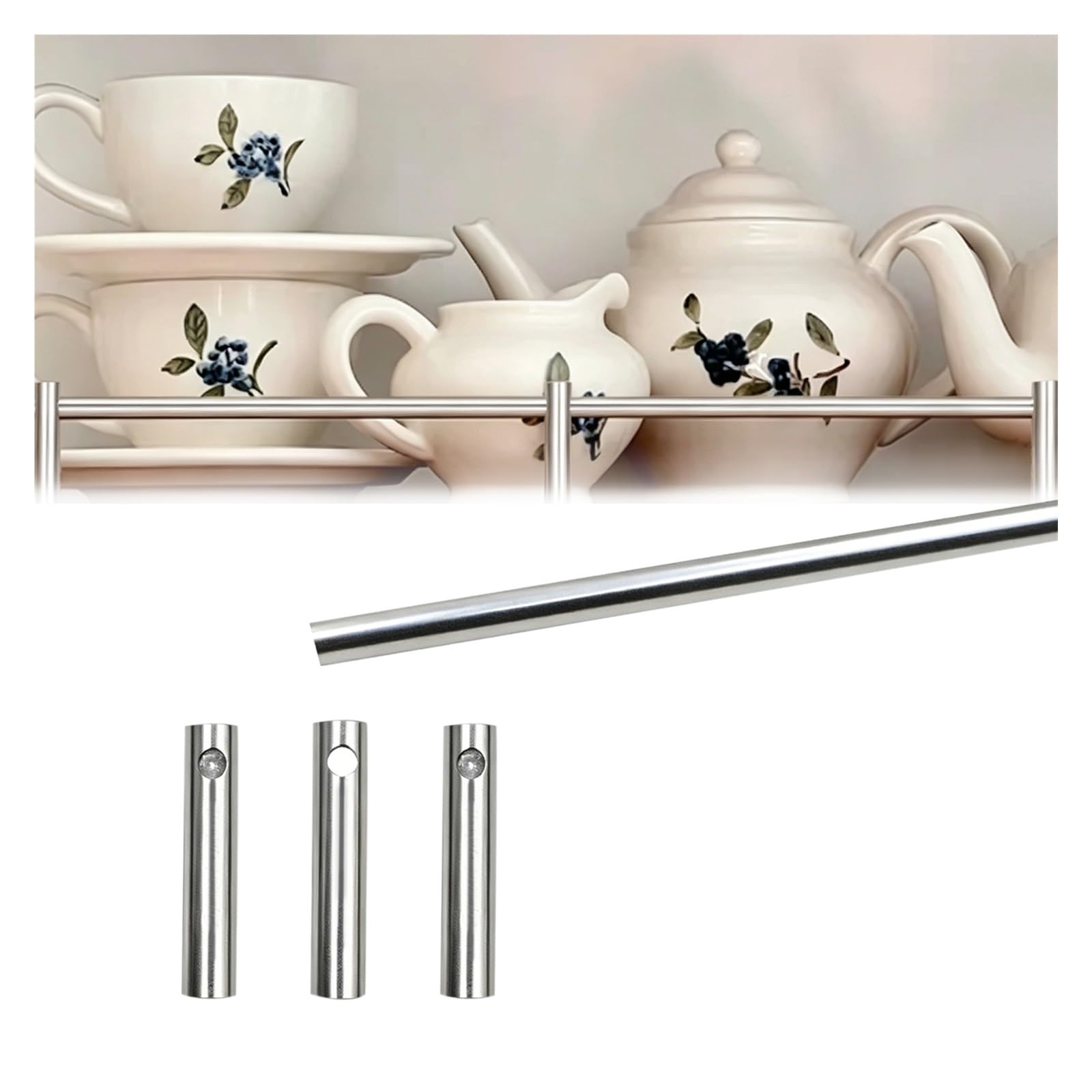 Aluminum Tipping Gallery Rails Set 95 85 75 65 55 45cm, Customizable Guard Rail for Shelving with 3 Spindles, Decor Floating Shelf Railing Rod for Glassware, Collectibles(Sliver A,85cm/33.5in)