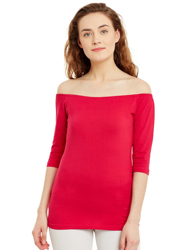 hypernation Red Color Off Shoulder Cotton Top for Women-picture-32